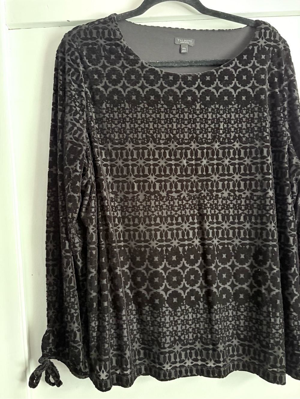Talbots Black Velvet Burnout Long Sleeve Tee with Tie Cuffs
